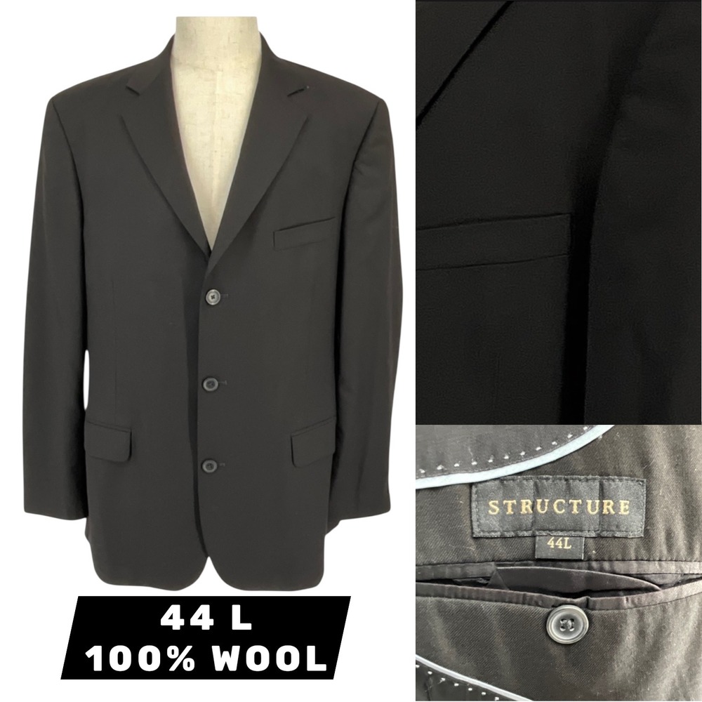 Structure Mens 44L Black 100% Wool 3 Button Blazer‎ Sport Coat Jacket Cut